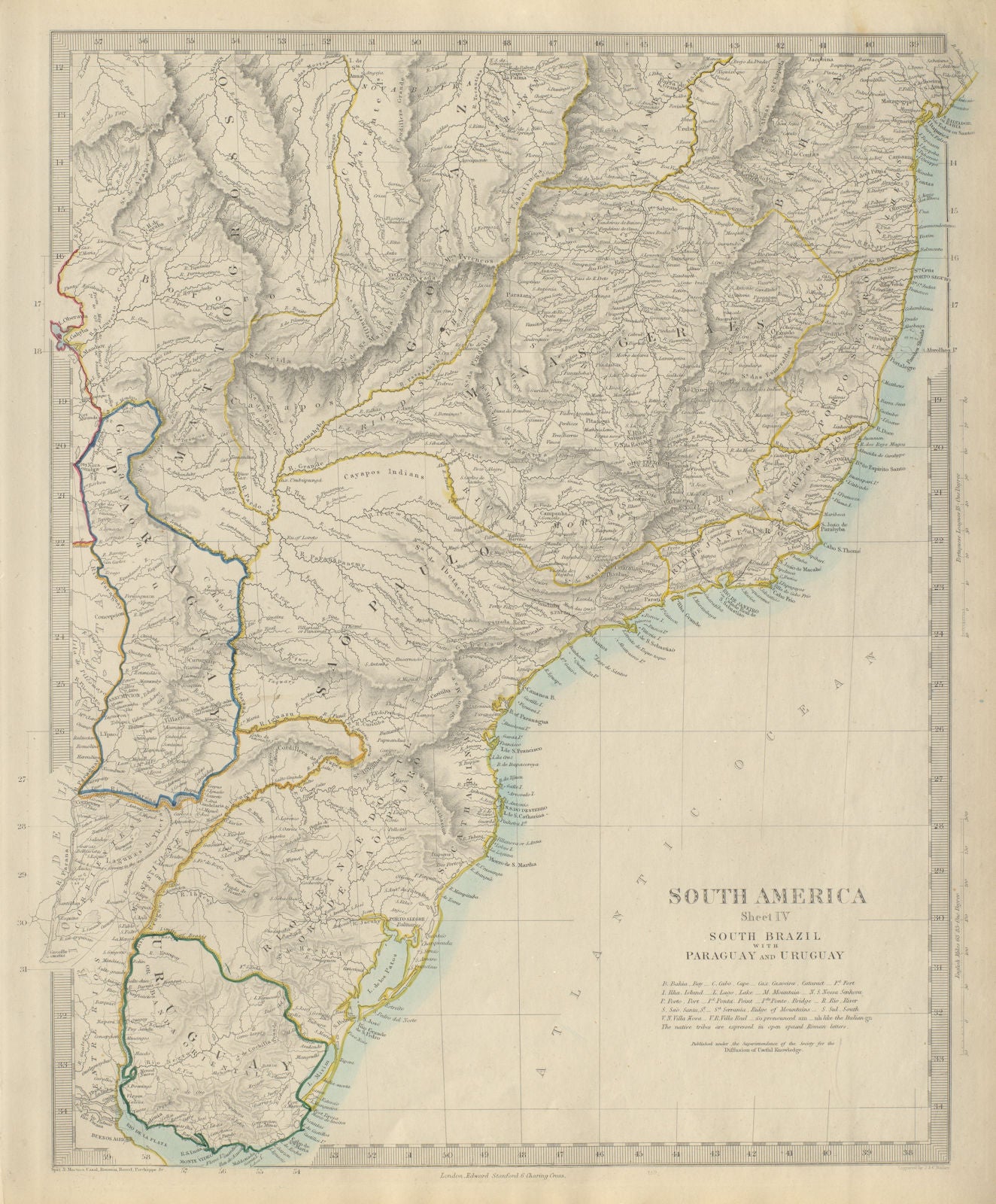 SOUTH BRAZIL PARAGUAY URUGUAY. Bahia Minas Gerais Sao Paolo. SDUK 1874 old map